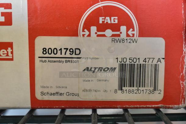Box labeled "FAG" with part number 800179D, a Schaeffler Group hub assembly. Labels show "Made in Slovakia" and "Germany."
