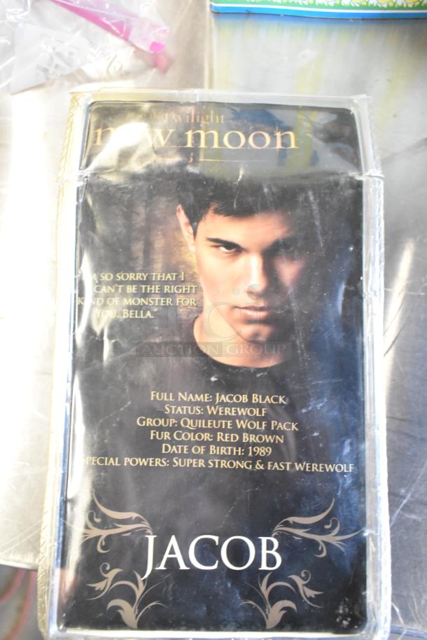 Jacob doll from "Twilight: New Moon" in packaging. Features info: werewolf status, Quileute Wolf Pack, 1989 birthdate.