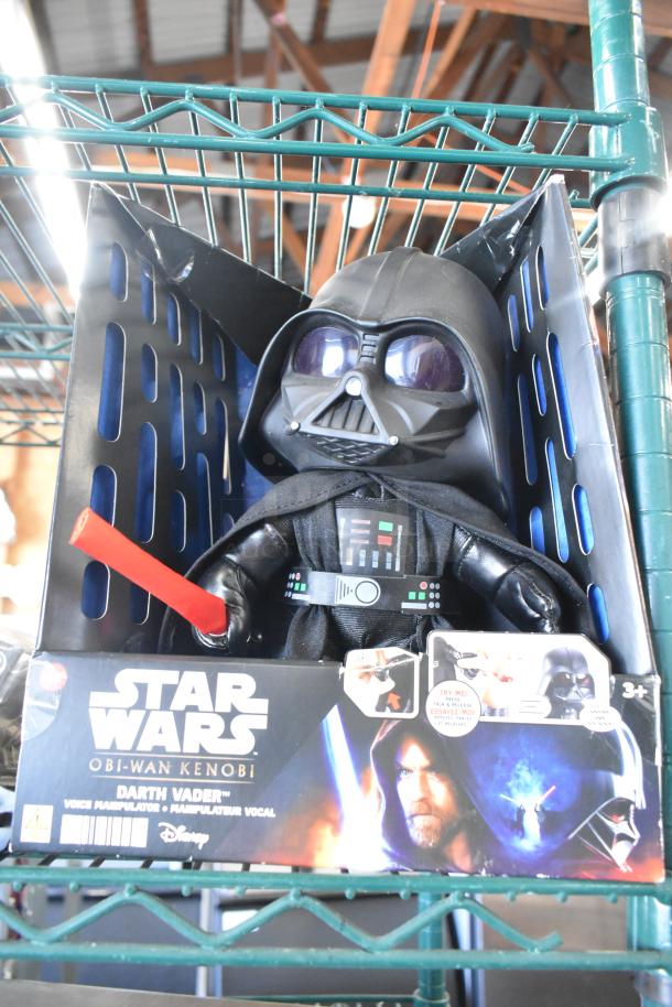 Star Wars Darth Vader doll in box, featuring voice manipulator. Part of a two-tier auction lot with various items.