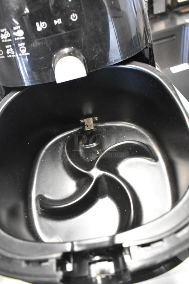 Philips HD9230 Air Fryer, black, 120V, open basket view, slight wear, control panel with icons visible. Model: HD9230.