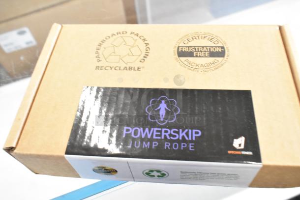 BagBoy bag with contents including a PowerSkip jump rope in original packaging. Box shows "frustration-free" and "recyclable" labels.