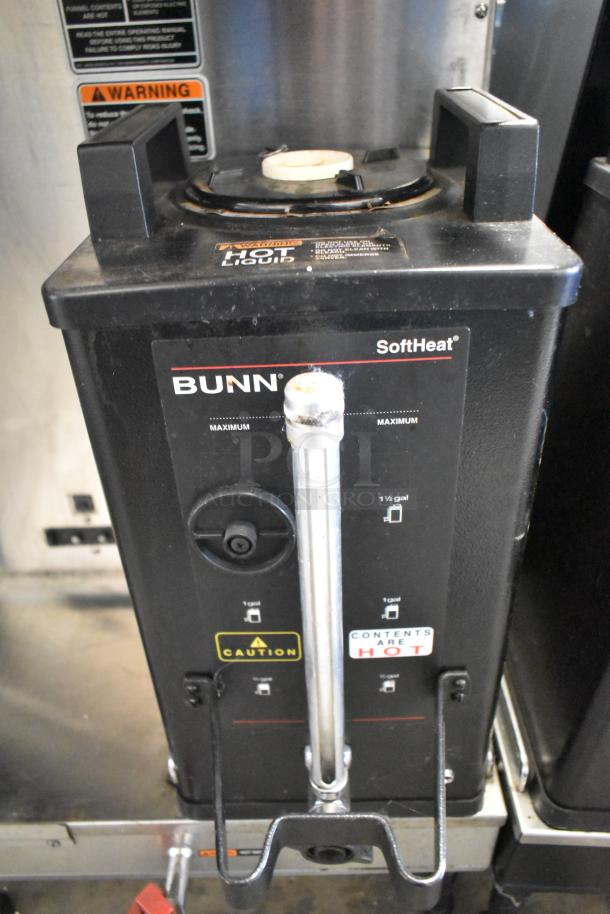 2017 Bunn DUAL SH DBC stainless steel coffee machine with hot water dispenser, SoftHeat server. Warning labels on display.