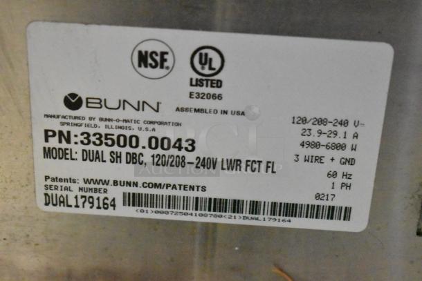 Bunn DUAL SH DBC Coffee Machine label showing NSF and UL certifications, PN:33500.0043, model info, and power specs.