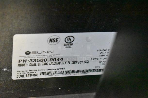 Label on 2016 Bunn DUAL SH DBC coffee machine, showing model number, power specifications, and NSF/UL certifications.