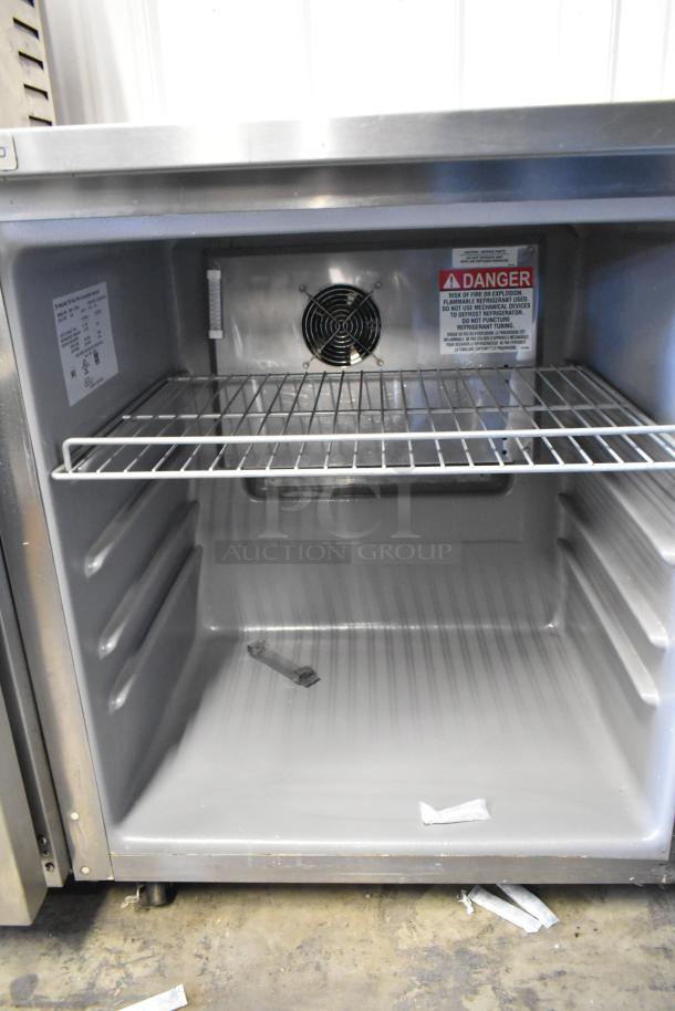 2023 Delfield 406P-STAR2 stainless steel undercounter cooler, single door, 115V, 1 phase, on casters, interior view.