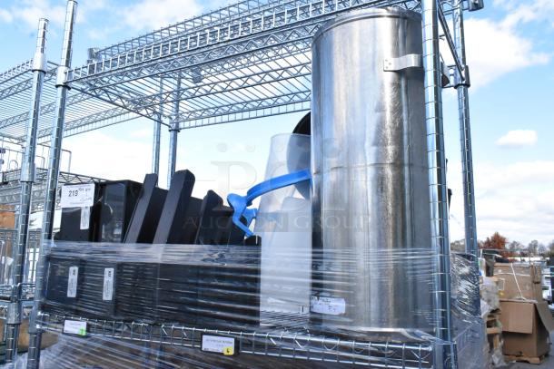 Chrome finish 4-tier wire shelving unit with contents. Buyer must dismantle. Consider freight charges. Labels visible.