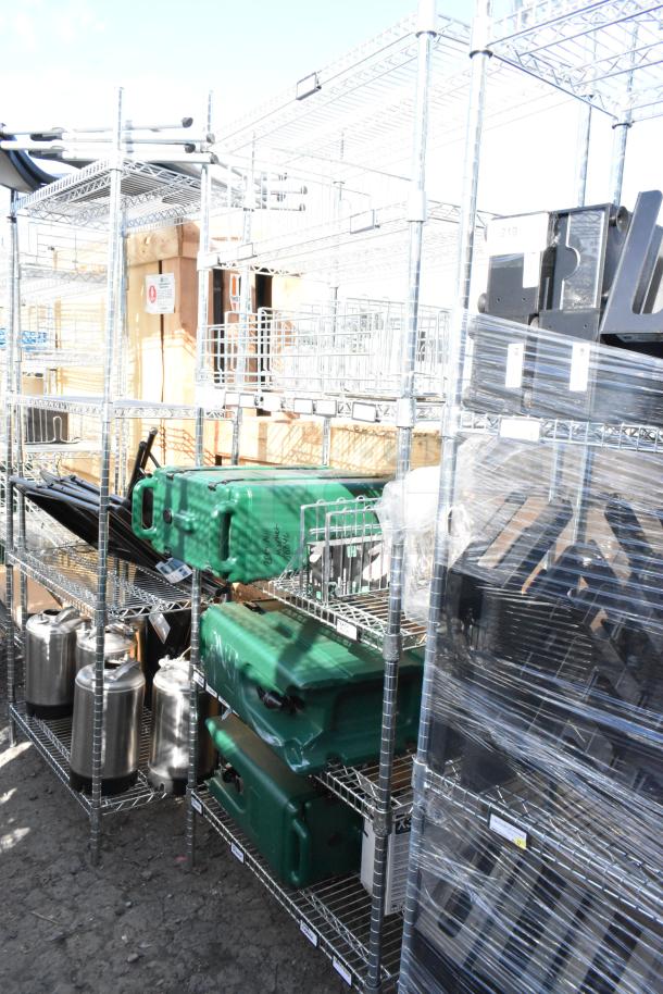 Chrome finish 6-tier wire shelving unit with green poly insulated beverage holders and contents, buyer to dismantle.