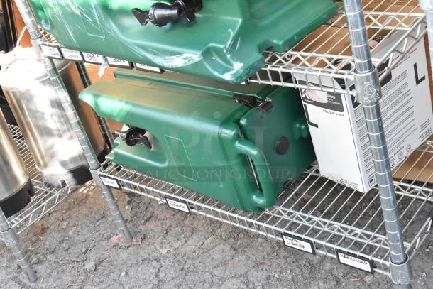 Chrome finish 6-tier wire shelving unit with green poly insulated beverage dispensers. Buyer to dismantle. Consider freight.