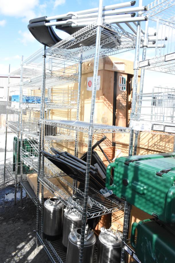 Chrome finish 4-tier wire shelving unit with folding chairs and various contents. Buyer must dismantle.