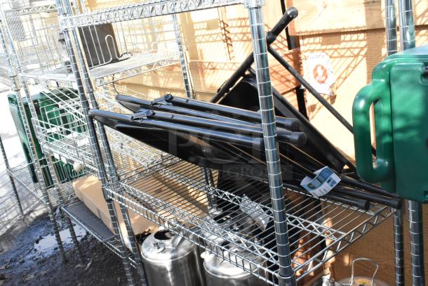 Chrome finish 4-tier wire shelving unit with folding chairs and various items. Buyer must dismantle for shipping.