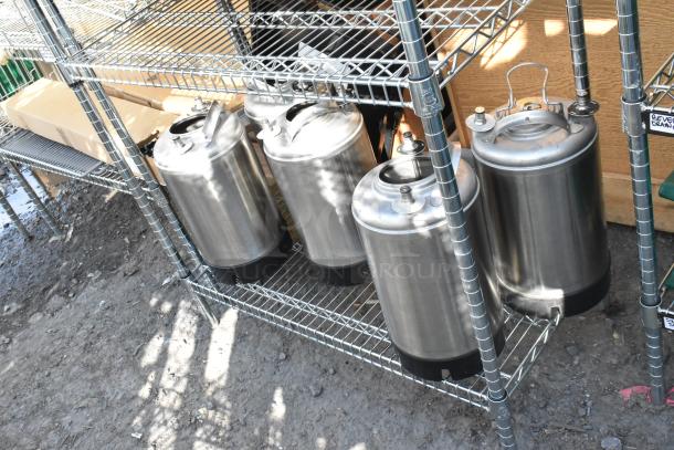 Chrome finish 4-tier wire shelving unit with folding chairs and metal containers. Buyer must dismantle. Consider freight charges.