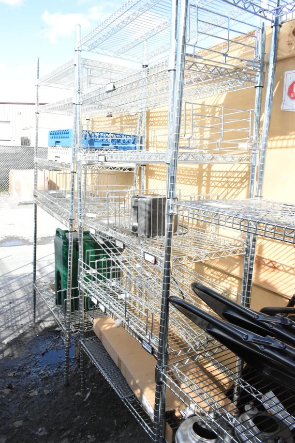 Chrome finish 6-tier wire shelving unit with miscellaneous contents. Buyer must dismantle. Consider freight charges.