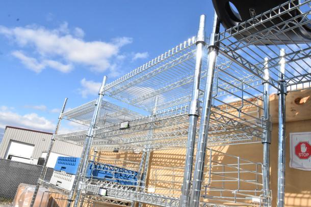 Chrome finish 6-tier wire shelving unit with contents. Dismantling required by buyer. Consider freight charges.