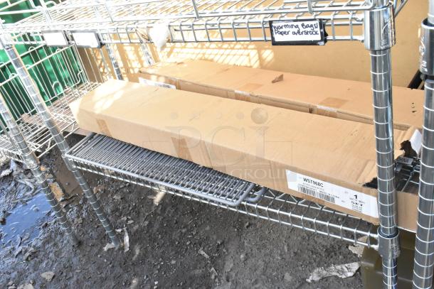 Chrome finish 6-tier wire shelving unit with contents. Includes labeled cardboard boxes. Buyer must dismantle for shipping.