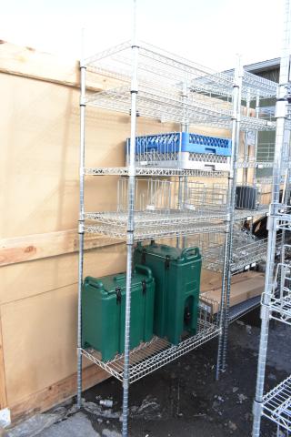 Chrome finish 6-tier wire shelving unit with green poly beverage dispensers included. Buyer must dismantle.