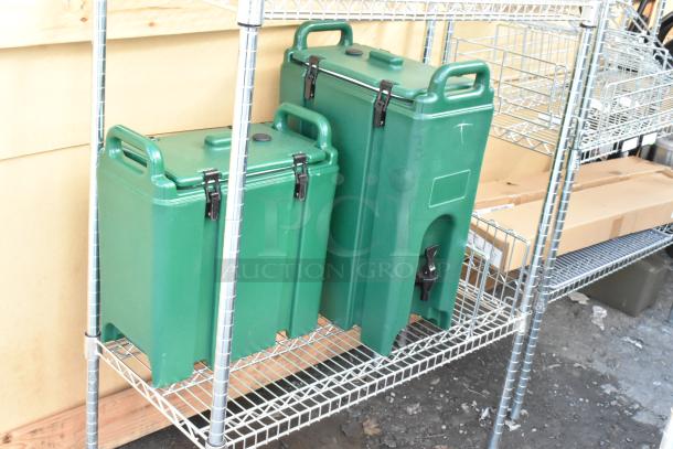 Chrome finish 6-tier wire shelving unit with green poly beverage dispensers. Buyer must dismantle.