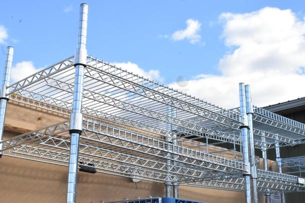 Chrome finish 6-tier wire shelving unit with green poly beverage dispensers. Buyer must dismantle. Consider freight charges.