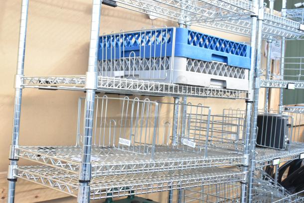 Chrome finish 6-tier wire shelving unit with green poly beverage dispensers. Includes storage crates. Buyer must dismantle.