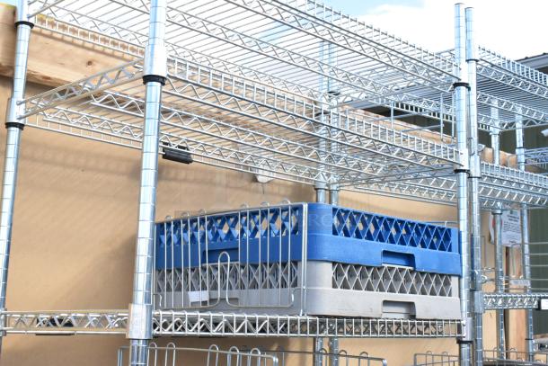 Chrome finish 6-tier wire shelving unit with green poly beverage dispensers and blue crates. Buyer must dismantle.