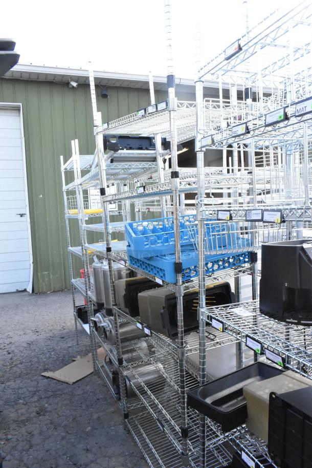 Chrome finish 6-tier wire shelving unit with poly beverage dispensers. Includes contents. Buyer must dismantle.