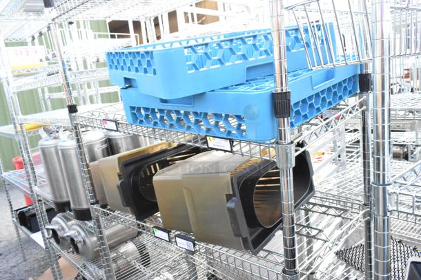 Chrome finish 6-tier wire shelving unit with contents, including poly beverage dispensers. Buyer must dismantle.