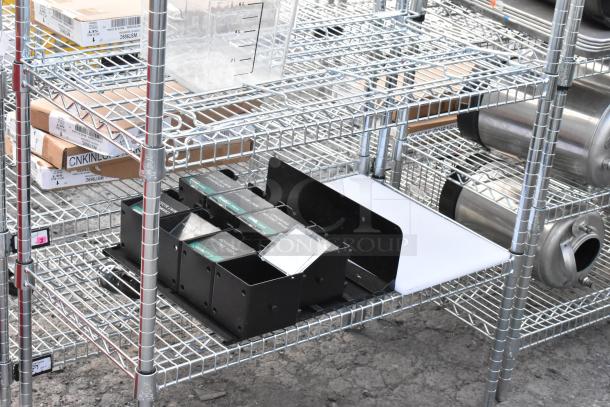 Chrome finish 6-tier wire shelving unit with contents, including wet floor caution signs. Buyer must dismantle.