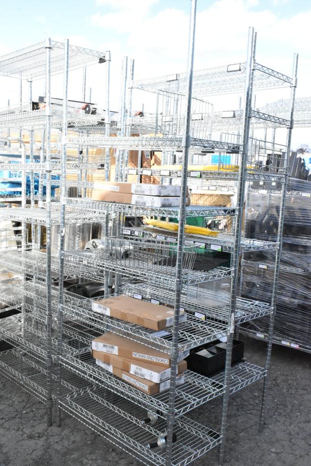 Chrome finish 6-tier wire shelving unit with contents including WST969C divider, to be dismantled by buyer.