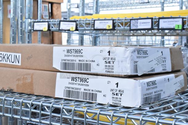 Chrome finish 6-tier wire shelving unit with WST969C divider kit boxes. Buyer must dismantle. Consider freight charges.