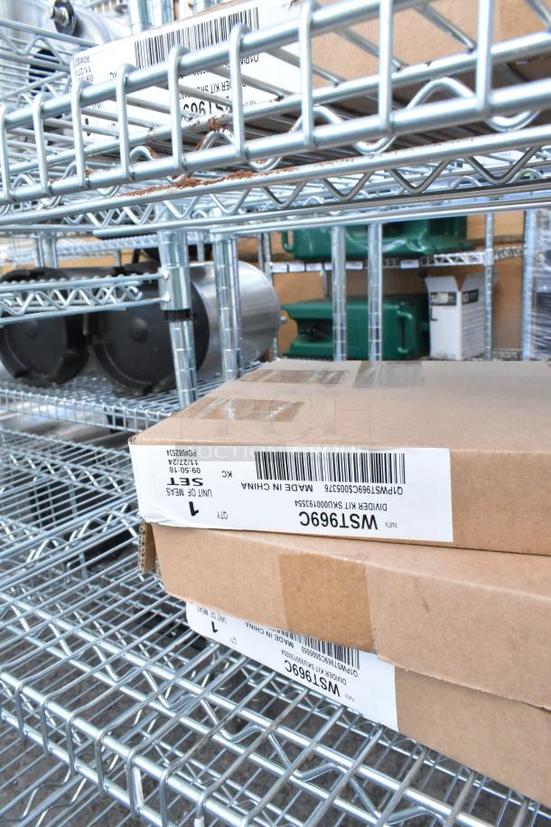 Chrome 6-tier wire shelving unit with contents, including WST969C Divider. Buyer must dismantle. Freight charges apply.