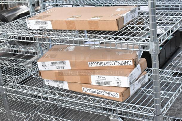 Chrome finish six-tier wire shelving unit with cardboard boxes, including WST969C Divider. Dismantling required for shipping.