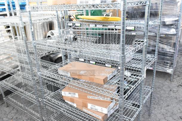 Chrome finish 6-tier wire shelving unit with contents including WST969C Divider. Buyer must dismantle for freight.