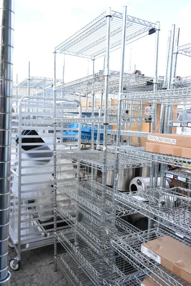 Chrome finish 8-tier wire shelving unit with contents, requires buyer dismantling, shipping considerations advised.