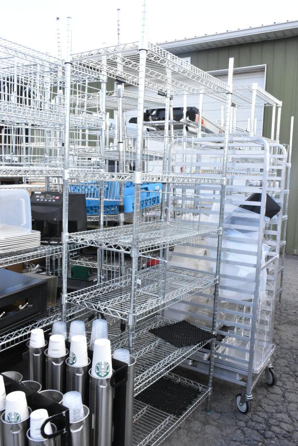 Chrome finish 6-tier wire shelving unit, sturdy construction, ideal for storage; buyer must dismantle; consider freight charges.