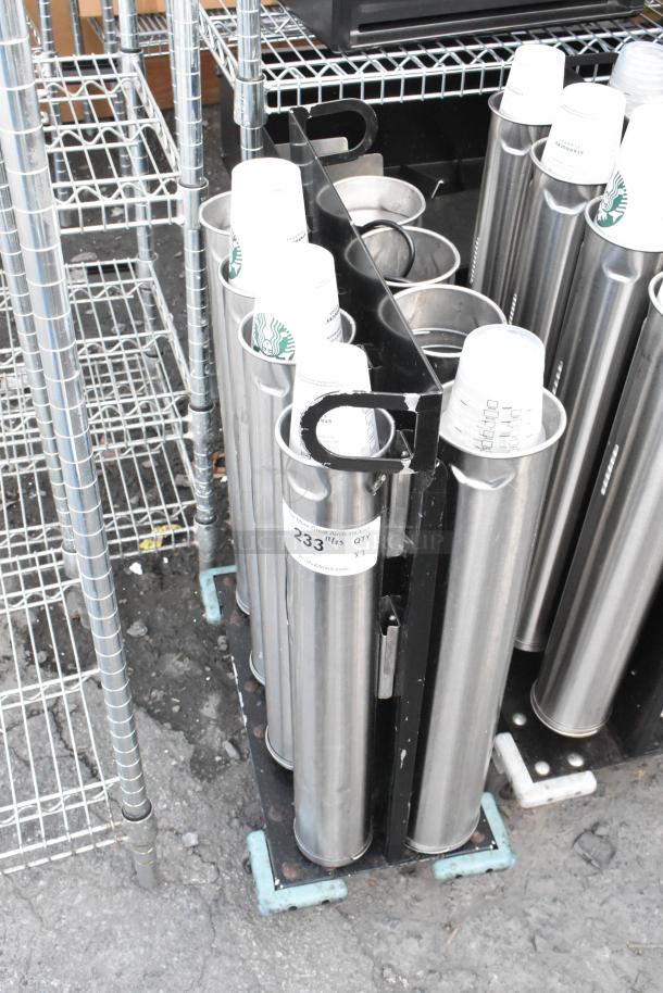 Two metal carts with eight cup dispensers, stainless steel, on wheels. Auction tag indicates double quantity of 233.
