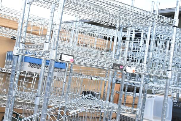 Chrome finish 6-tier wire shelving unit, in good condition. Buyer must dismantle for shipping; freight charges apply.