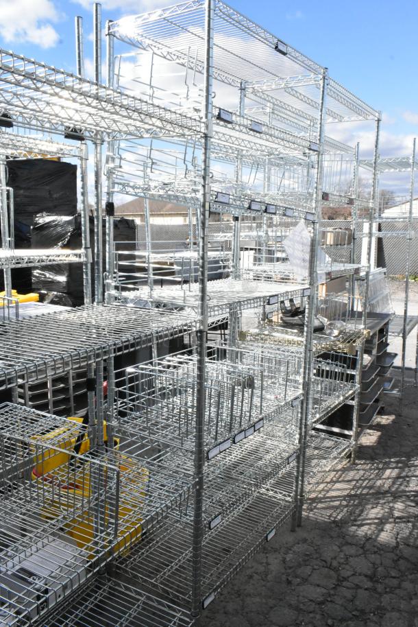Chrome finish 5-tier wire shelving unit, in excellent condition. Buyer must dismantle; consider freight charges.