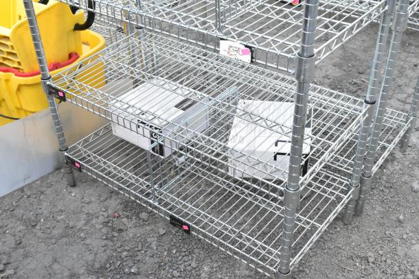 Chrome finish 6-tier wire shelving unit, durable, spacious, includes visible labels indicating height adjustments.