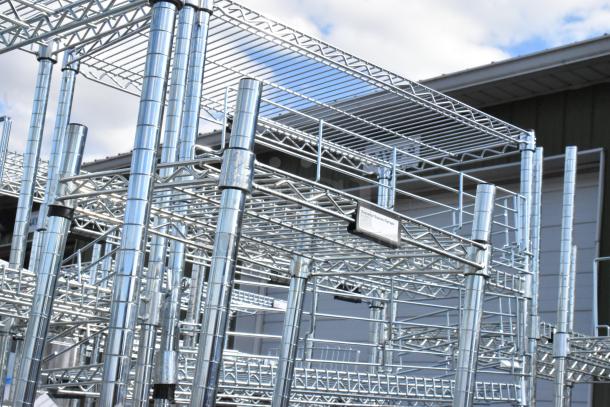 Chrome finish 6 tier wire shelving unit, sturdy metal construction, buyer must dismantle, freight charges apply.