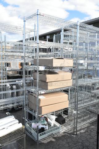 Chrome 6-tier wire shelving unit with contents, includes boxes and supplies. Buyer must dismantle. Consider freight charges.