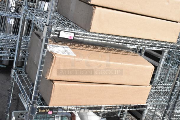 Chrome finish 6-tier wire shelving unit with contents, labeled boxes visible. Buyer must dismantle. Consider freight charges.