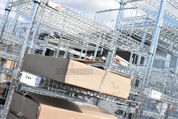 Chrome finish 6-tier wire shelving unit with contents, boxes labeled. Buyer must dismantle. Consider freight charges.