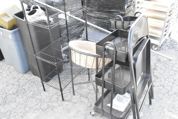 5 various items including a black folding chair, wire shelving unit, and cart. Items are used, ideal for utility or storage.