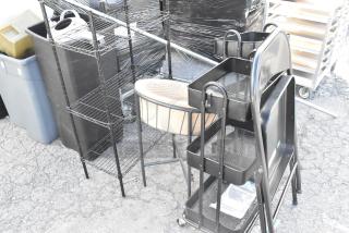 5 various items including a black folding chair, wire shelving unit, and cart. Items are used, ideal for utility or storage.