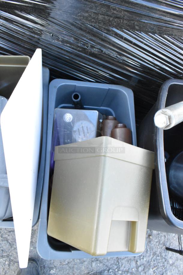 4 poly trash cans with mixed contents including a keg, various household items visible, suitable for bulk bidding.