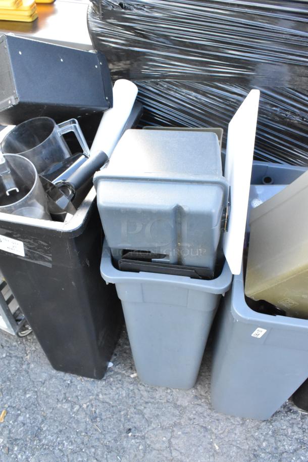 Four poly trash cans containing items including a keg, various kitchenware. Bidders receive four times their bid value.