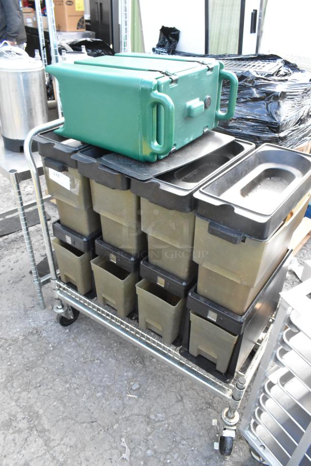 Metal cart on commercial casters with multiple poly beverage dispensers. Features durable build, ideal for catering.
