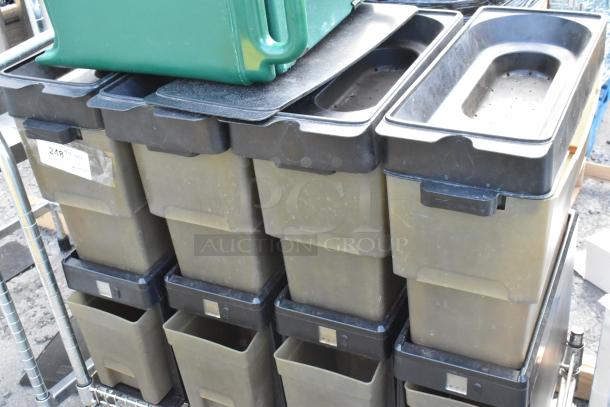 Metal cart with commercial casters holding poly beverage dispensers. Includes label marked "248." Good condition.