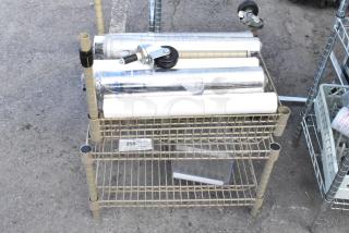 Tan wire shelf with water filtration cartridges, dismantling required for shipping. Note: buyer handles dismantling, consider freight.