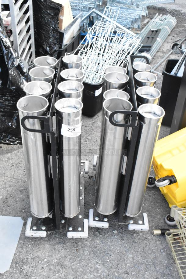 Two metal carts with eight cup dispensers, stainless steel, robust condition, tag displays number 258.