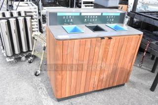 Wood pattern trash can shell with three deposit holes, featuring recycling labels, rectangular openings, and wood slat exterior.